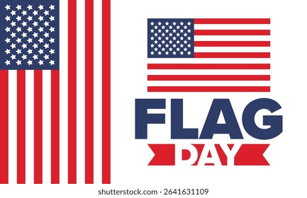 National Flag Day in United States. Holiday celebrated annual June 14 in USA. Patriotic style design with american flag. Poster, greeting card, banner and background. Vector illustration
