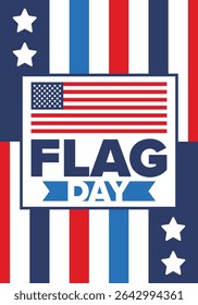 National Flag Day in United States. Holiday celebrated annual June 14 in USA. Patriotic style design with american flag. Poster, greeting card, banner and background. Vector illustration