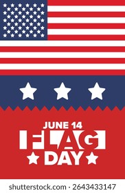 National Flag Day in United States. Holiday celebrated annual June 14 in USA. Patriotic style design with american flag. Poster, greeting card, banner and background. Vector illustration