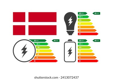 National flag of Denmark and charge. Flat, color, letter battery rating. National flag of Denmark. Vector icons