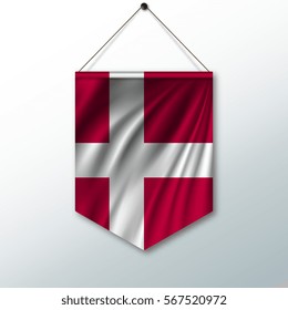 The national flag of Denmark. The symbol of the state in the pennant hanging on the rope. Realistic vector illustration.