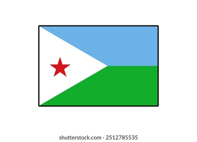 A bandeira nacional do Djibuti apresenta um triângulo branco com uma estrela vermelha sobre um fundo azul e verde. Esta bandeira simboliza a unidade e o patrimônio cultural do país.