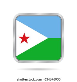 National flag of Djibouti. Shiny metallic gray square button with shadow.
