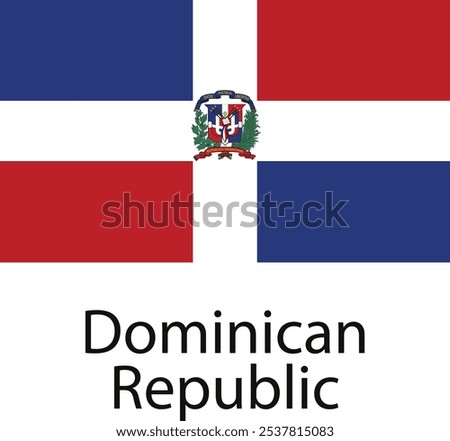 The national flag of the Dominican Republic featuring a white cross with a red band on top and a blue band on the bottom and the coat of arms in the center.