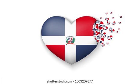 National flag of Dominican Republic in heart illustration. With love to Dominican Republic country. The national flag of Dominican Republic fly out small hearts on white background