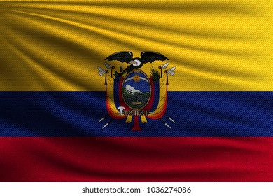 The national flag of Ecuador. The symbol of the state on wavy cotton fabric. Realistic vector illustration.