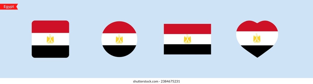 National flag of Egypt. Egypt flag icons in the shape of square, circle, heart. Isolated flags for language selection. Vector icons