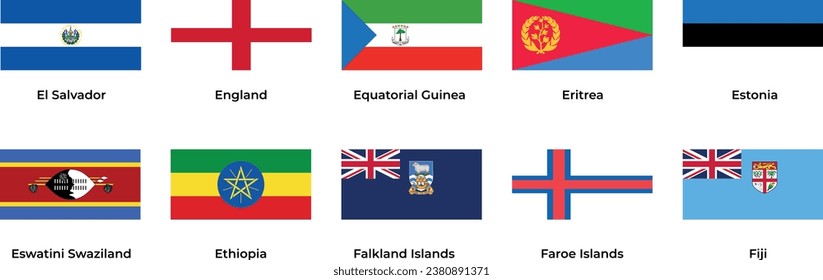 National flag of El Salvador, England, Equatorial Guinea, Estonia, Ethiopia, Faroe Islands, Fiji