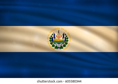 The national flag of El Salvador on wavy silk background with bokeh lights. Realistic vector illustration.