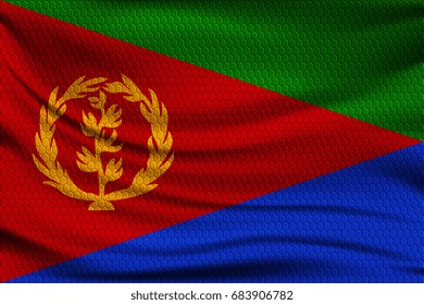 National flag of Eritrea on wavy fabric with a volumetric pattern of hexagons. Vector illustration.