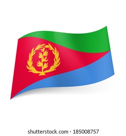 National flag of Eritrea: red triangle with yellow wreath dividing field into green and blue areas