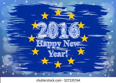 The national Flag of European Union painted with a brush colored inks. Effects of the country. Happy New Year 2016. Merry Christmas. Background, grunge, paint. Image. Vector. Icon.