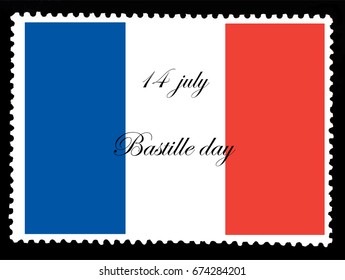 National flag of France on posted stamp isolated on black background with text 14 july Bastille day  Official colors and proportion of flag of France. Vector illustration