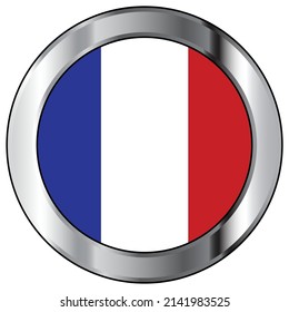 The national flag of France in red white and blue set within a button