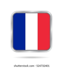 National flag of France. Shiny metallic gray square button with shadow.