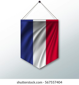 The national flag of France. The symbol of the state in the pennant hanging on the rope. Realistic vector illustration.