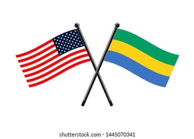 national flag of Gabon or oficially Gabonese Republic and Usa crossed on the sticks in the original colours