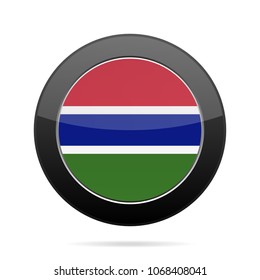 National flag of Gambia. Shiny black round button with shadow.