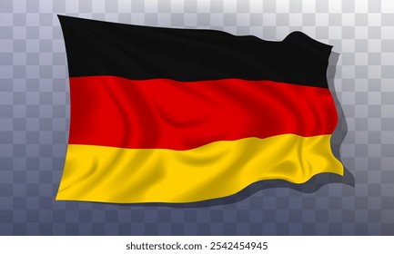 National flag of Germany, 3d realistic render on a transparent background. The flag twists in the wind, realistic shadows and light. Officially sign of the Federal Republic of Germany.