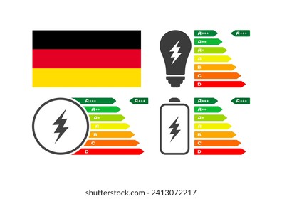 National flag of Germany and charge. Flat, color, letter battery rating. National flag of Germany. Vector icons