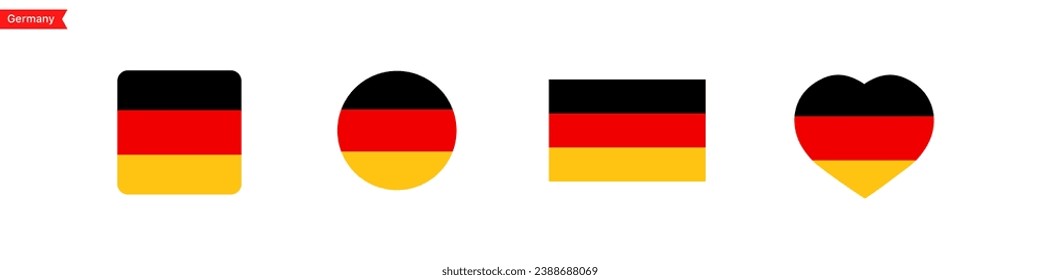 National flag of Germany. Germany flag icons in the shape of a square, circle, heart. Isolated flag symbols for language selection. Vector icons