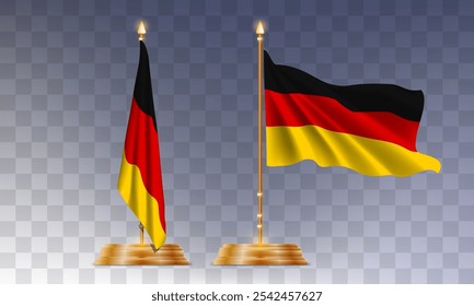 National flag of Germany on flag stands, 3d realistic render on a transparent background. The flag twists in the wind, realistic shadows and light. Officially sign of the Federal Republic of Germany