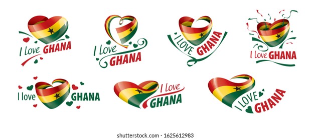 National flag of the Ghana in the shape of a heart and the inscription I love Ghana. Vector illustration