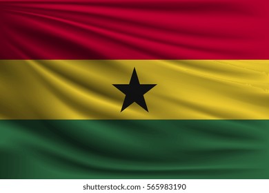 The national flag of Ghana. The symbol of the state on wavy silk fabric. Realistic vector illustration.