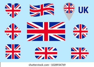 National flag of Great Britain collection. Vector The United Kingdom flags set. Flat isolated icons. Traditional colors. Web, sports, travel, school geographic, patriotic, cartographic design elements