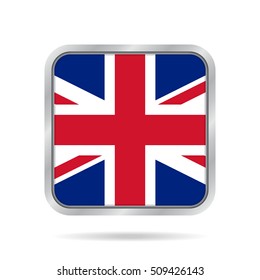 National flag of Great Britain. Shiny metallic gray square button with shadow.