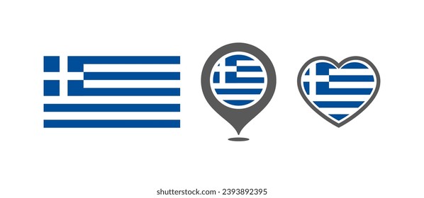 National flag of the Greece. Flag in the shape of rectangles, location marks, hearts. Greece national flag for language selection design. Vector icons