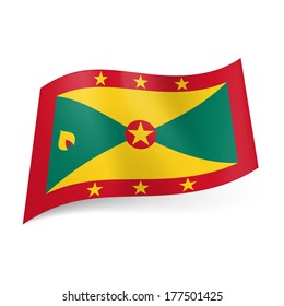 National flag of Grenada: red framed field of green and yellow triangles with star in centre and six on frame, clove of nutmeg on left side