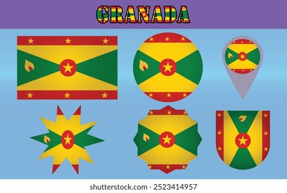 Bandeira Nacional de Granada com vermelho vibrante, amarelo e verde com estrelas e um símbolo de cravo, representando a força, a unidade e a herança da nação.