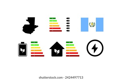 National flag of Guatemala. Letter rating of Guatemala. Electricity, house, lightning, continent rating icons. Flat style. Vector icons