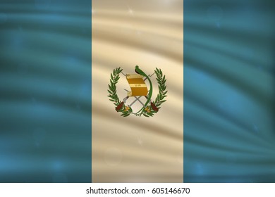 The national flag of Guatemala on wavy silk background with bokeh lights. Realistic vector illustration.