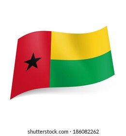 National flag of Guinea: vertical red stripe with black star, yellow and green horizontal stripes 