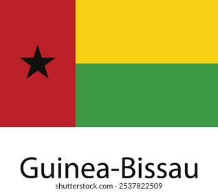 A bandeira nacional da Guiné-Bissau, com um campo vermelho com uma estrela preta de cinco pontas no canto superior do guincho, adjacente a uma faixa amarela, seguida por uma faixa verde na parte inferior.