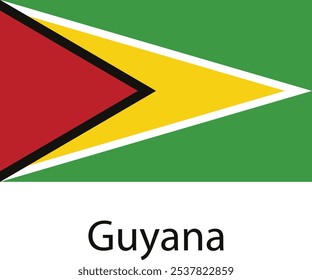 Die Nationalflagge von Guyana mit einem grünen Feld mit einem goldenen, gelben und roten Pfeilspitzen-Dreieck und einer dünnen schwarzen Grenze. Die Flagge ist ein Symbol für die Unabhängigkeit des Landes und die nationale 