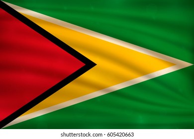 The national flag of Guyana on wavy silk background with bokeh lights. Realistic vector illustration.