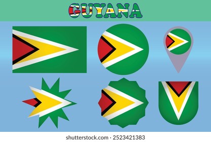 Vector de la Bandera Nacional de Guyana con triángulos verdes, amarillos, rojos y negros, que simbolizan la unidad, la libertad y la belleza natural de la nación.