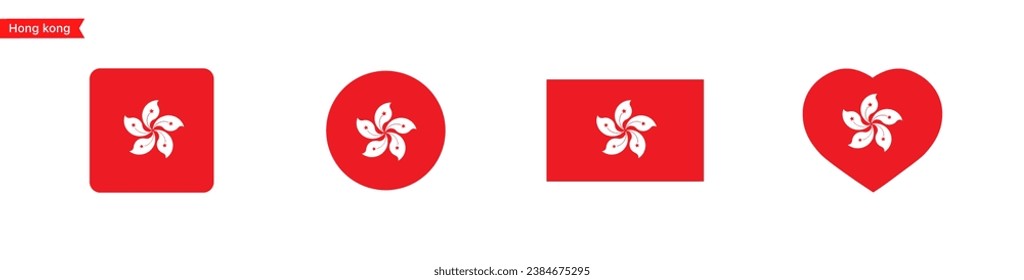National flag of Hong Kong. Flag icons for language selection. Hong Kong flag in the shape of a square, circle, heart. Vector icons