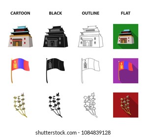 National flag, horse, musical instrument, steppe plant. Mongolia set collection icons in cartoon,black,outline,flat style vector symbol stock illustration web.