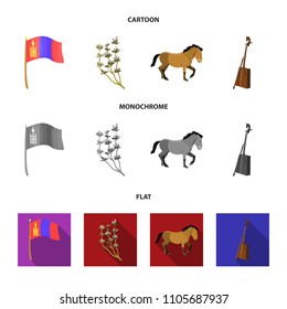 National flag, horse, musical instrument, steppe plant. Mongolia set collection icons in cartoon,flat,monochrome style vector symbol stock illustration web.