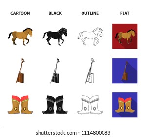 National flag, horse, musical instrument, steppe plant. Mongolia set collection icons in cartoon,black,outline,flat style vector symbol stock illustration web.