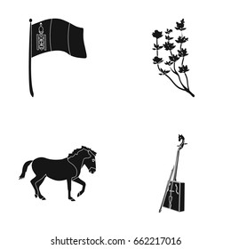 National flag, horse, musical instrument, steppe plant. Mongolia set collection icons in black style vector symbol stock illustration web.