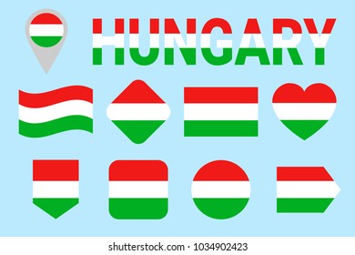National flag of Hungary collection. Vector The Hungarian flags set. Flat isolated icons. Traditional colors. Web, sports pages, travel, geographic, patriotic, school, cartographic design elements