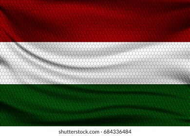 National flag of Hungary on wavy fabric with a volumetric pattern of hexagons. Vector illustration.