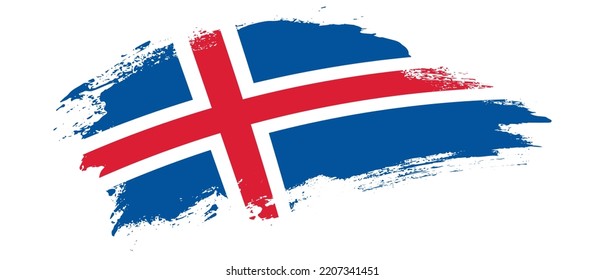 National flag of Iceland with curve stain brush stroke effect on white background