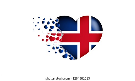 National flag of Iceland in heart illustration. With love to Iceland country. The national flag of Iceland fly out small hearts