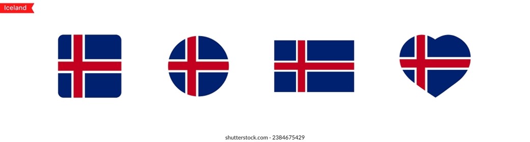 National flag of Iceland. Iceland flag icons in the shape of square, circle, heart. Isolated flags for language selection. Vector icons
